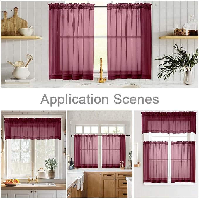 Burgundy Valances for Windows, Burgundy Sheer Curtains 14 Inch Length 2 Pack Kitchen Drapes, Modern Solid Mini Small Window Curtains for Cafe Bathroom Basement, 42" Wx14 L Inches