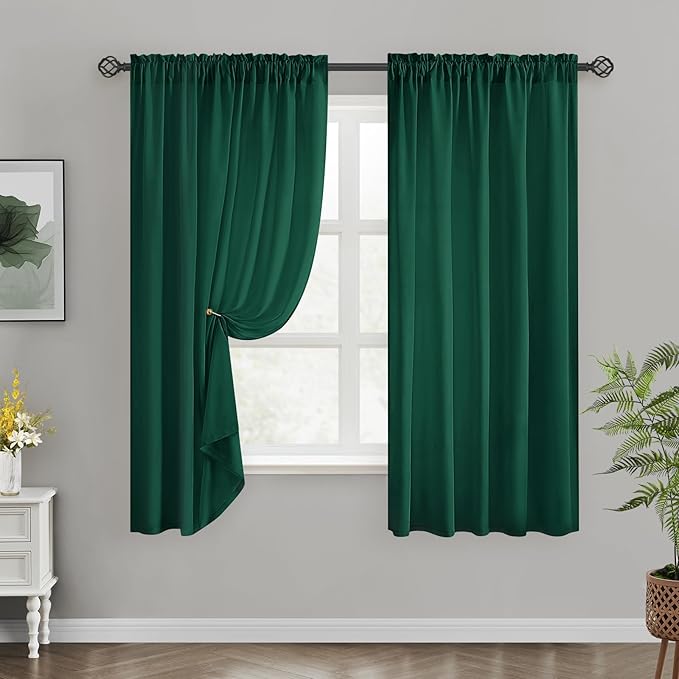 HOMEIDEAS Christmas Non-See-Through Hunter Green Privacy Sheer Curtains, 52 X 63 Inches Long 2 Panels Sheer Curtains Light Filtering Window Drapes for Bedroom Living Room