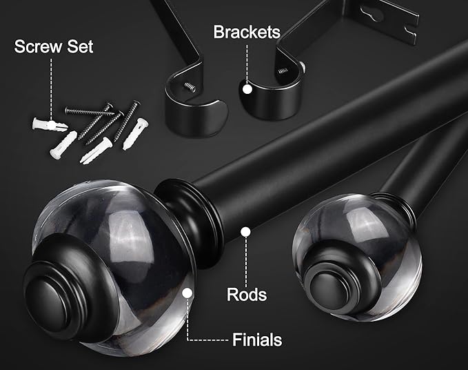 Curtain Rods for Windows 48 to 84 Inch (4-7ft), USFOOK 7/8 Inch Telescoping Splicing Drapery Rods 32 to 86 Inch, Decorative Window Curtain Rod for Home Decor with Matte Black Translucent Finials