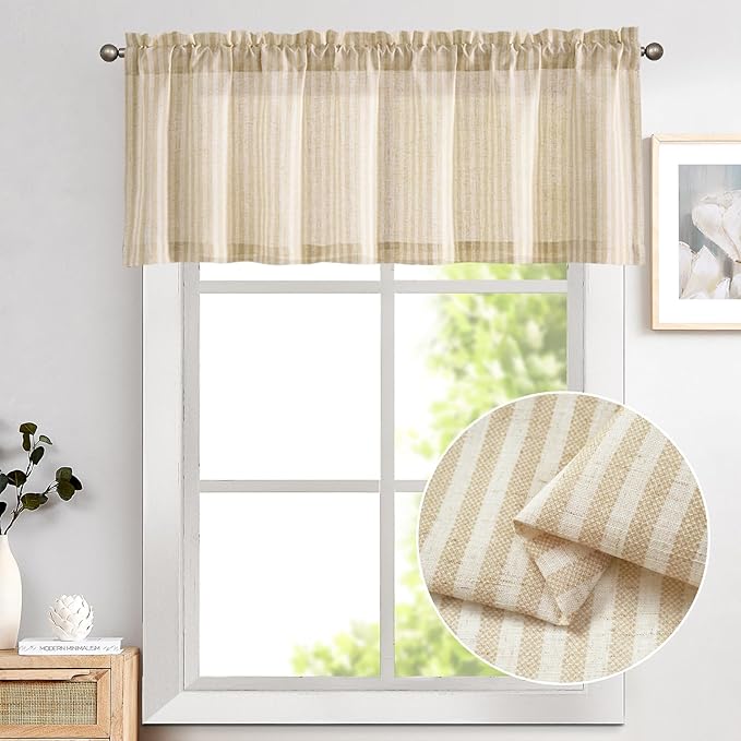 jinchan Valance Curtain Linen Textured Striped Window Curtain for Living Room Light Filtering Farmhouse Valance for Kitchen Rod Pocket 1 Panel 16 Inch Beige on Linen 1 Panel