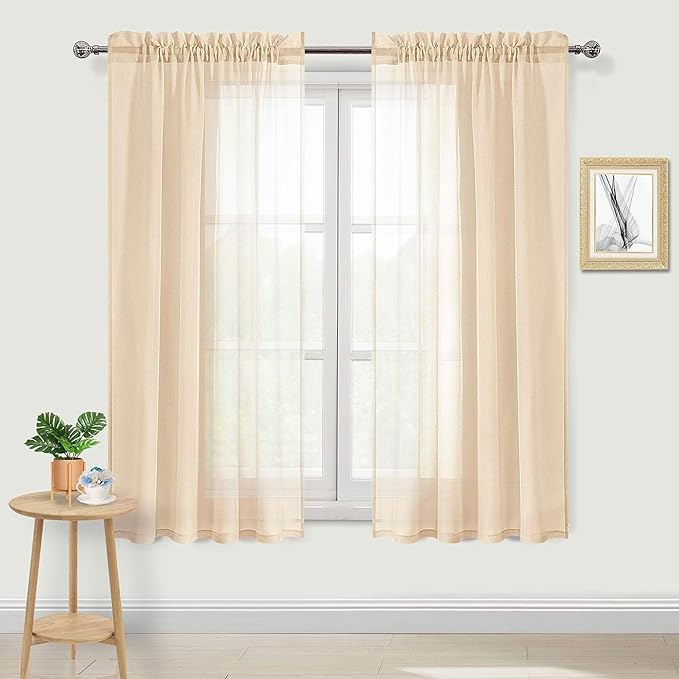 DWCN Beige Sheer Curtains Semi Transparent Voile Rod Pocket Curtains for Bedroom and Living Room, 60 x 63 inches Long, Set of 2 Panels