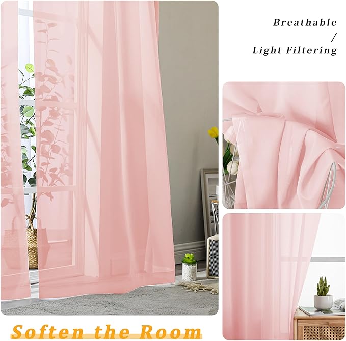 Gwine Blush Pink Sheer Curtains 63 Inch Length for Living Room 2 Panels, Light Filtering Rod Pocket Window Curtain Treatment for Bedroom, Voile Elegant Sheer Drapes，Each 42" Wx63 L, Blush Pink
