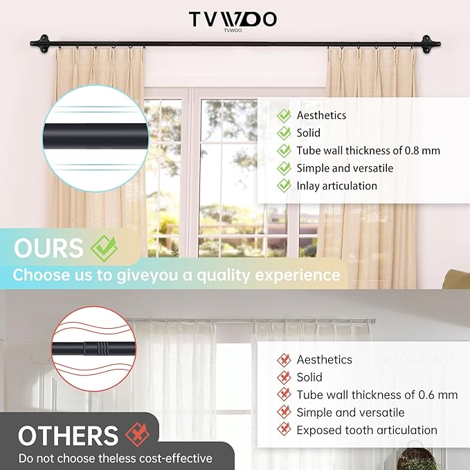 TVWOO 2 Pack Wrap Around Curtain Rods,Black Curtain Rods 48 to 84 Inch,5/8 Inch Adjustable Blackout Curtain Rod Set,Room Darkening Window Rod,Metal Thicken Hidden Curved Drapery Rod 48-90",Matte Black