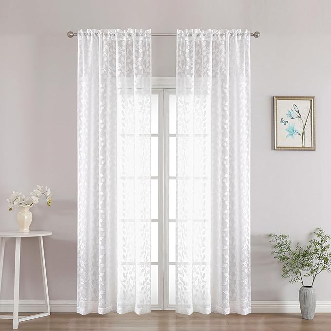Chyhomenyc White Sheer Curtains 90 Inch Length 2 Panels Set, Light Filtering Tufted Textured Soft Airy Rod Pocket Gentle Leaf Window Treatment Drapes for Bedroom Living Room, 42" Wx90 L, 2PCS