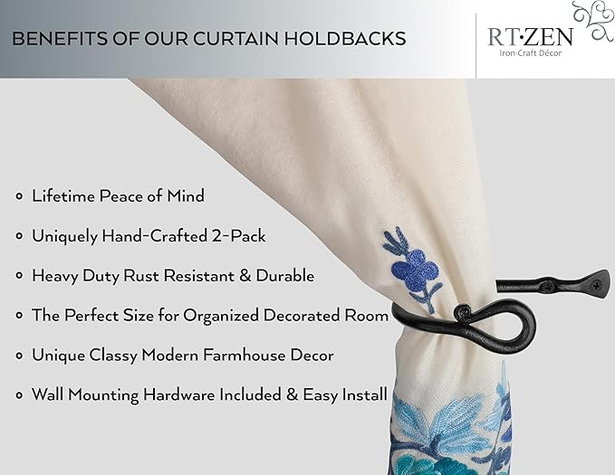 RTZEN Decorative Metal Curtain Tiebacks - Farmhouse Wrought Iron Curtain Holdbacks - Drapery Holders for Wall - Unique Metal Tie Backs for Curtains - 2 Pcs (Black Loophole)