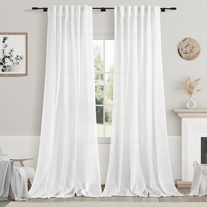 White Linen Curtains 108 Inches Long 2 Panels Set Back Tab Rod Pocket Semi Sheer Cotton Textured Light Filtering Extra Long Curtain Farmhouse High Ceiling Curtains for Living Room 9Ft 42x108
