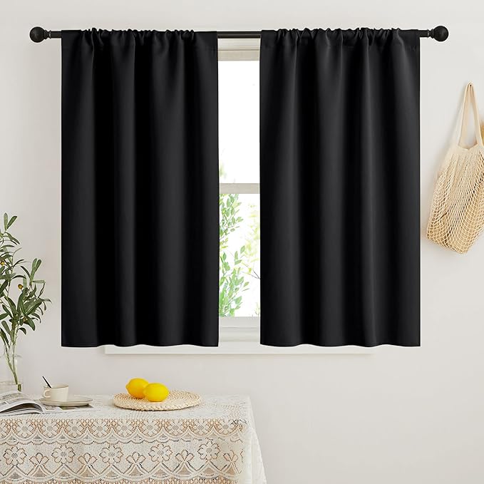 RYB HOME Short Blackout Curtains for Bedroom, Black Room Darkening Insulated Summer Heat Light UV Blocking Energy Saving Drapes for Nursery, Width 42 by Length 48, Black, Set of 2