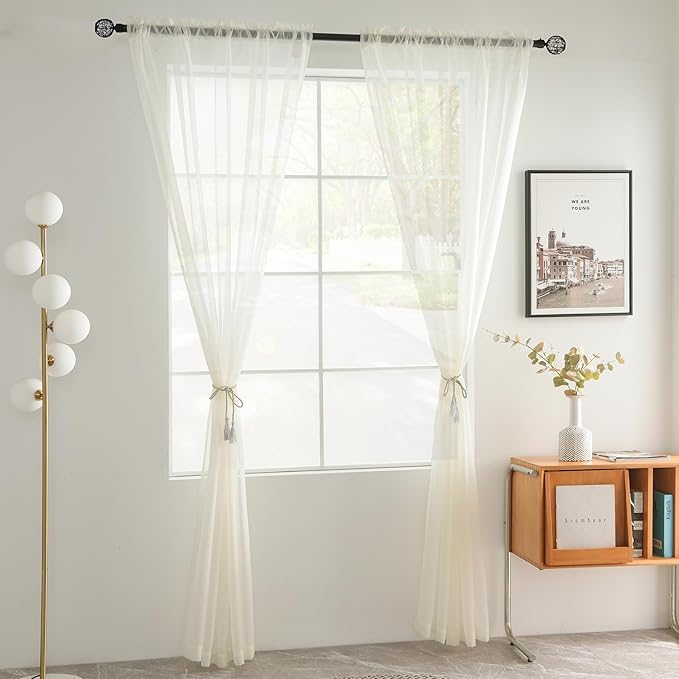youleyar Solid Sheer Rod Pocket Curtain Voile Draperies 2 Panels White Beige Black Grey Coffee 38 Inch Width 72 Inch Long 1 Pair for Kitchen Bedroom Children Living Room Yard(Ivory,38Wｘ72L)