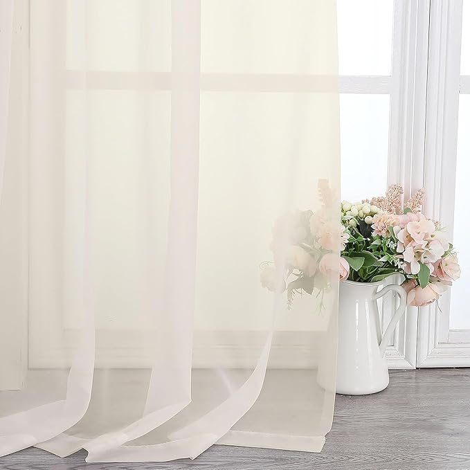 Lecloud Cream Sheer Curtains 48 Inch Length 2 Pcs, Rod Pocket Light Filtering Voile Rustic Farmhouse Bedroom Curtains, Airy Solid Window Drapes for Bathroom Basement, Each Panel 42" W x 48" L