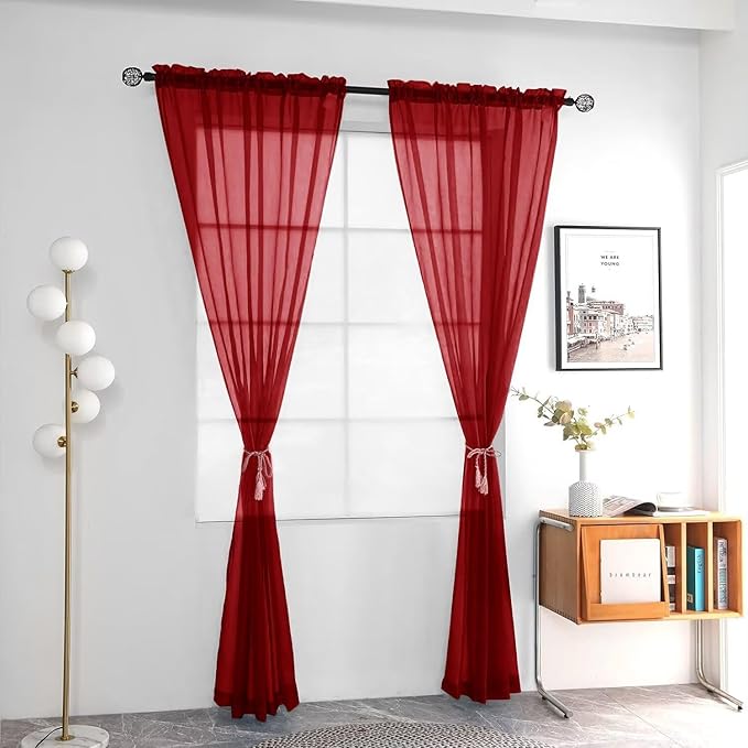 youleyar Solid Sheer Rod Pocket Curtain Voile Draperies 2 Panels White Beige Black Grey Ivory 52 Inch Width 45 Inch Long 1 Pair for Kitchen Bedroom Children Living Room Yard (Christmas Red,52Wｘ45L)