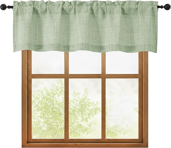 OWENIE Light Green Valances for Windows 1 Pcs, Light Filtering Textured Farmhouse Short Small Valance Curtains for Bathroom Basement Living Room Bedroom, Rod Pocket Half Curtains Over Sink, 52"Wx14"L