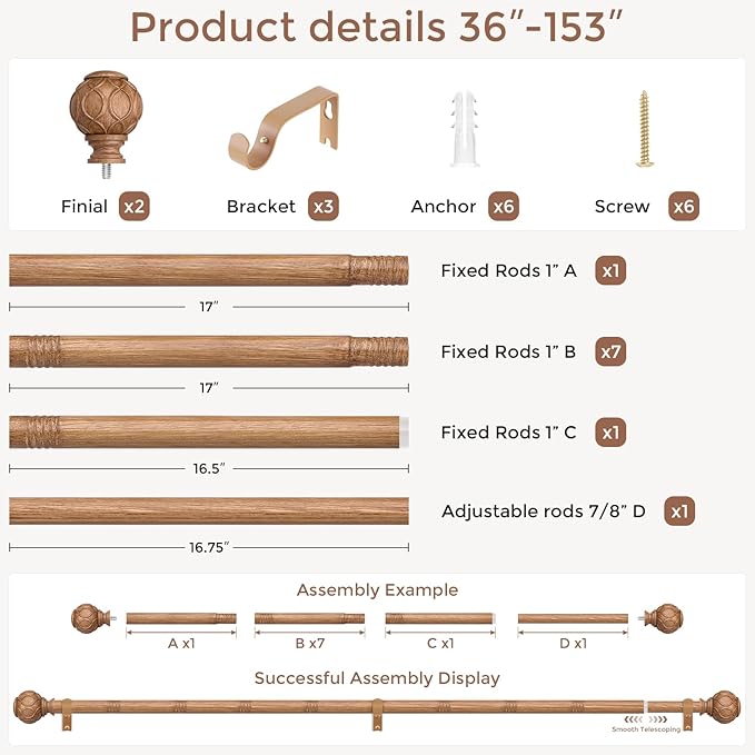 Long Wood Curtain Rods for Windows 72 to 144 Inch, Boho Vintage Decorative 1'' Wooden Curtain Rod, Adjustable Heavy Duty Rustic Farmhouse Drapery Pole with Netted Imitation Wood Grain Finials