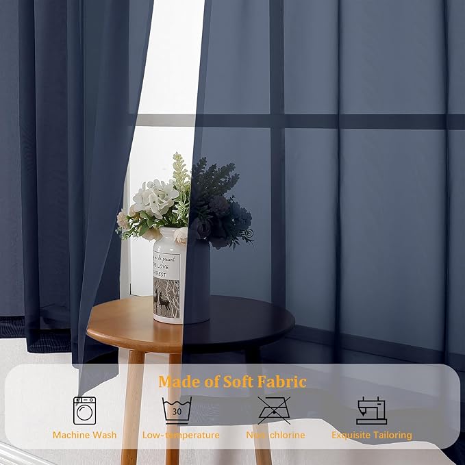 Gwine Navy Blue Sheer Curtains 96 Inches Long 2 Panels, Elegant Window Treatments Voile Curtains for Living Room, Light Filtering Rod Pocket Sheer Drapes, Each 42" Wx96