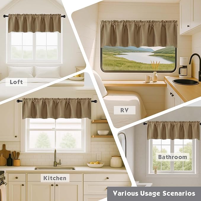Chyhomenyc Taupe Valances for Window, Room Darkening Short Curtains for Kitchen Bedroom Living Room, Rod Pocket Top Small Window Treatment Valance RV Bunk Panels, 60Wx14L, 2 Pieces