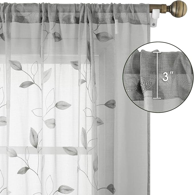 HOMEIDEAS Light Grey/Gray Sheer Curtains 52 X 84 Inches Long 2 Panels Embroidered Leaf Pattern Pocket Faux Linen Floral Semi Sheer Voile Window Curtains/Drapes for Bedroom Living Room