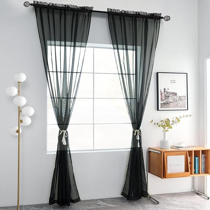youleyar Solid Sheer Rod Pocket Curtain Voile Draperies 2 Panels White Beige Black Grey Coffee 38 Inch Width 84 Inch Long 1 Pair for Kitchen Bedroom Children Living Room Yard(Black,38Wｘ84L)
