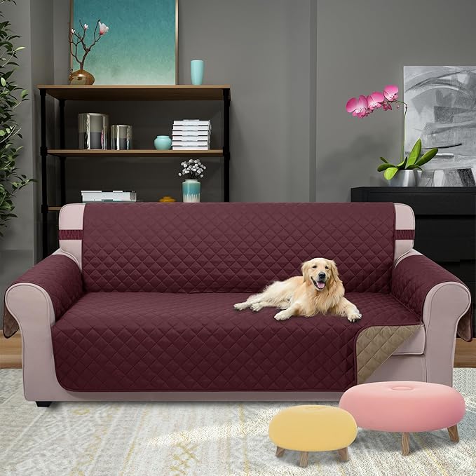 U-NICE HOME 4 Seater Sofa Cover 91 Inch Large Couch Covers for 4 Cushion Couch with Elastic Straps Water Resistant Furniture Protector Cover for Pets Cat (Sofa XX-Large, Burgundy/Tan)