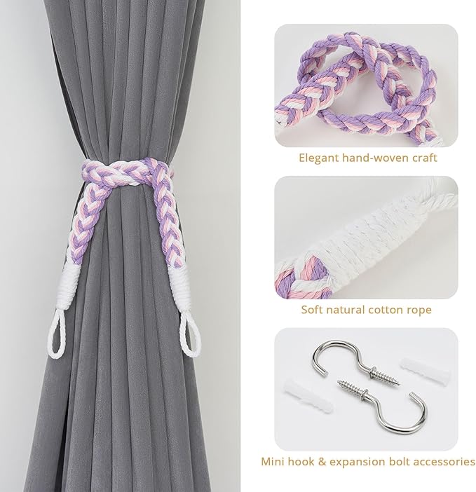 NICEEC 4 Pack Natural Cotton Rope Curtain Tiebacks Elegant Boho Style Decorative Drape Tie Backs Soft Hand-Woven Rope Curtain Holdbacks with Metal Hook for Home & Office Drapery (Purple & White)