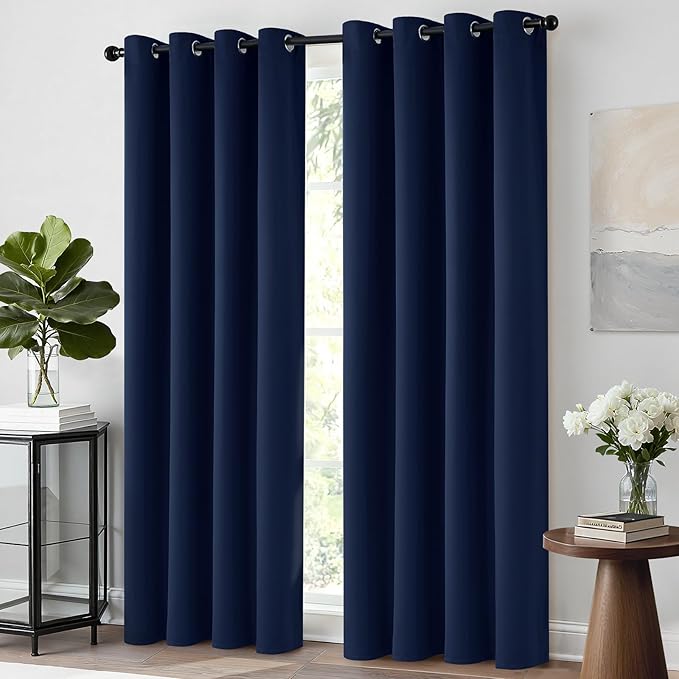 Yakamok Blackout Curtains 96 Inches Long Set of 2 Panels with Grommet Thermal Insulated Light Blocking Window Drapes for Bedroom/Living Room, Navy Blue Color, W52 x L96