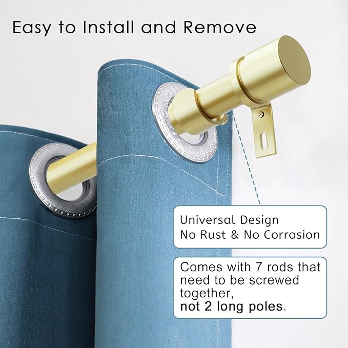 Byondeth Curtain Rods for Windows 16 to 120 Inches Adjustable Length 1 Inch Diameter Window Curtain Rod with Aluminium Finials, Warm Gold