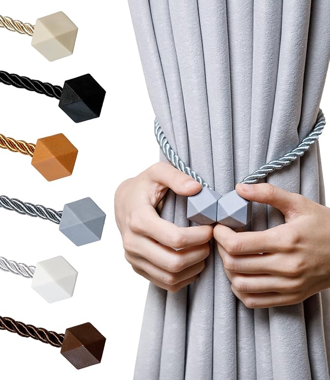 NazTur Magnetic Curtain Tiebacks- Upgrade 2022 with a Thicker Twist Rope & Strong Magnet Tieback Window Treatment Holdbacks Draperies Holders Decorative Drape Handmade Tie Back (Grey, 2)