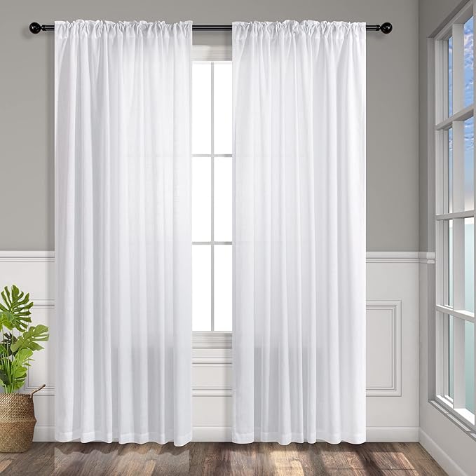 Pitalk Solid White Curtains 54 Inch Length for Bathroom 2 Panels Set Rod Pocket Back Tab Linen Organic Look Light Filtering Semi Sheer Energy Efficient Curtains for Boys Nursery Childrens Room 52x54