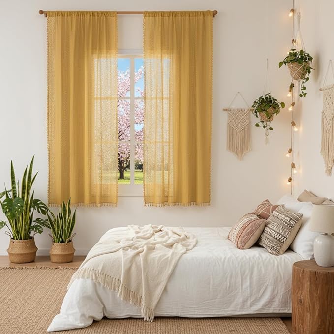 WAZZIO Boho Lace Curtains 63 Inches 2 Panel,Light Filtering Privacy Tassel & Geometry Crochet Semi Sheer Curtain Drapes for Bedroom Living Dining Room,Rod Pocket & Tassel,Mustard Yellow
