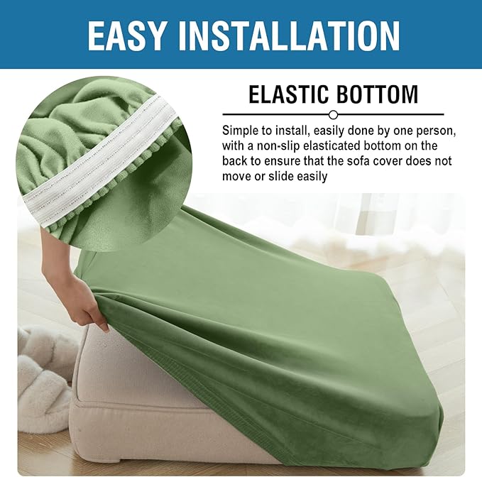 Couch Cover 6-Piece Elastic Velvet Couch Cushion Covers & Chaise Slipcovers for L-Shaped Sofas, Sofa Seat Covers Washable, Soft Cover for Couches (5 Seater + Chaise, Avocado Green)