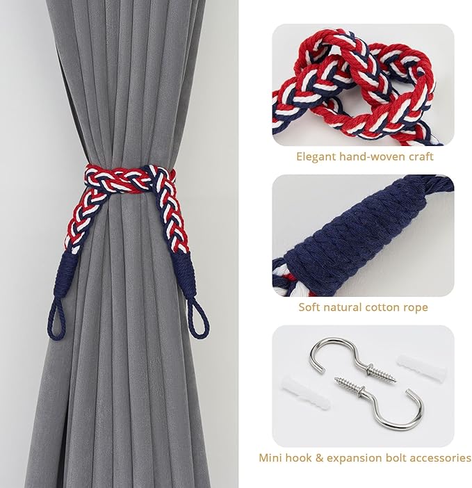 NICEEC 2 Pack Natural Cotton Rope Curtain Tiebacks Elegant Boho Style Decorative Drape Tie Backs Soft Hand-Woven Rope Curtain Holdbacks with Metal Hook for Home & Office Drapery (Flag Color)