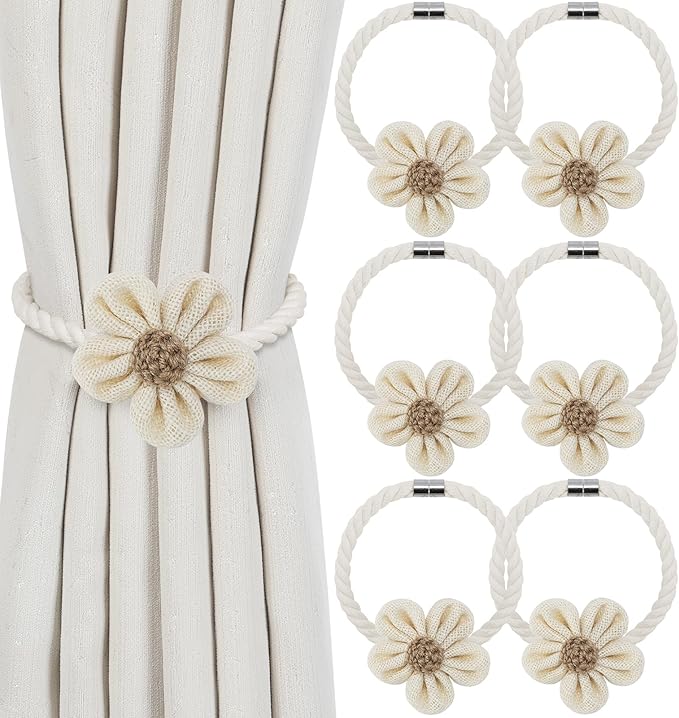 KLOGTSIND Magnetic Curtain Tiebacks, 6 Pack Flower Curtain Holdbacks for Draperies, Elegant Curtain Tie Backs for Boho Bedroom Decor, Toddler Girl Room Decor, Baby Nursery Decor
