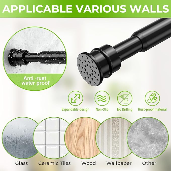 2 Pack Spring Tension Rods 28-48 Inches No Drill Tension Curtain Rods Black Spring Loaded Curtain Rods Adjustable Small Short Tension Curtain Rod for Window,Kitchen,Doorway,Cupboard,Wardrobe