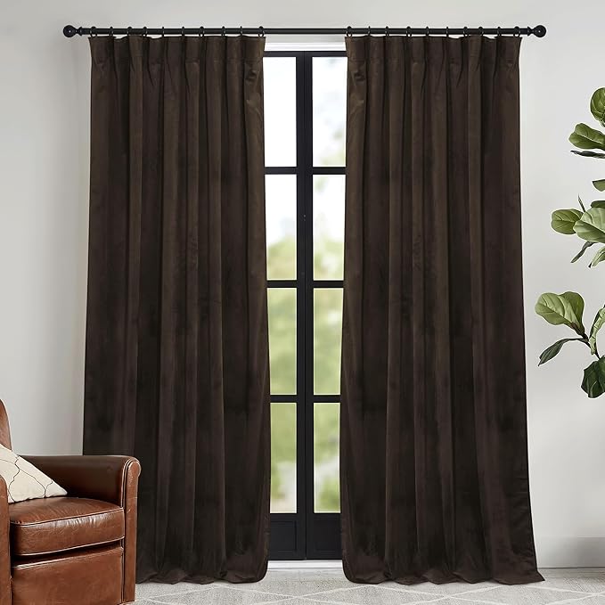 RYB HOME Brown Velvet Curtains 63 inches with Hook Belt, Soft Fabric Room Darkening Thermal Insulated Luxurious Home Decor Curtains for Living Room Bedroom, W 42" x L 63", 2 Panels Set