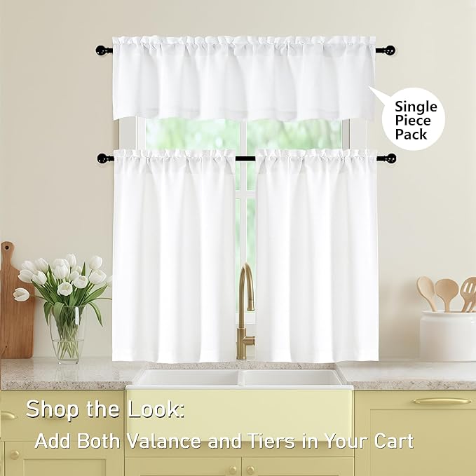 White Valances for Windows, Light Filtering Faux Linen Textured Small Short Valance Curtains for Bathroom Basement Farmhouse, Rod Pocket Top Half Curtains for Windows, 60Wx20L Inch