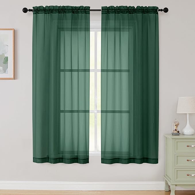 Sheer Hunter Green Curtains for Bedroom Living Room 63 Inch Length 2 Panels, Airy Soft Light Filtering Sheer Dining Room Curtains, Modern Rod Pocket Drapes, Hunter Green, Each 42"Wx63"L Inch