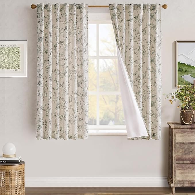 jinchan Floral Curtains Lined Linen Blend Curtain for Living Room 63 Inch Length Grey Farmhouse Curtains French Country Flower Gray Patterned Curtain Drapes Back Tab Rod Pocket 2 Panels