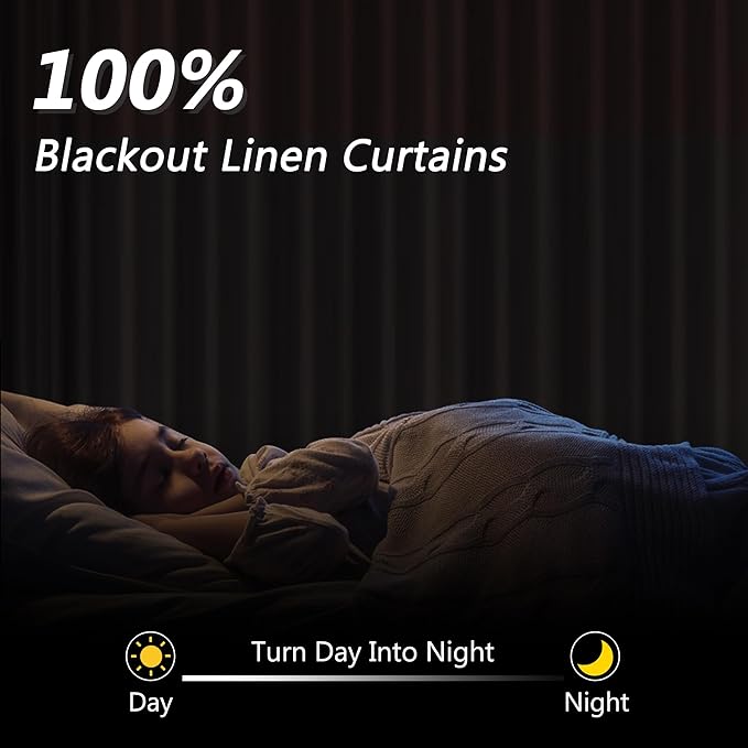 Guken 100% Blackout Linen Curtains 80 Inch Length 2 Panels Set for Living Room Bedroom Back Tab Thermal Insulated Black Out Drapes Room Darkening Farmhouse Window Curtains 80 Inches Long
