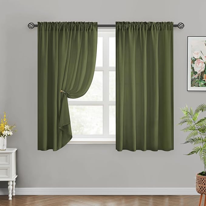 HOMEIDEAS Non-See-Through Olive Green Privacy Sheer Curtains, 52 X 54 Inches Long 2 Panels Sheer Curtains Light Filtering Window Drapes for Bedroom Living Room