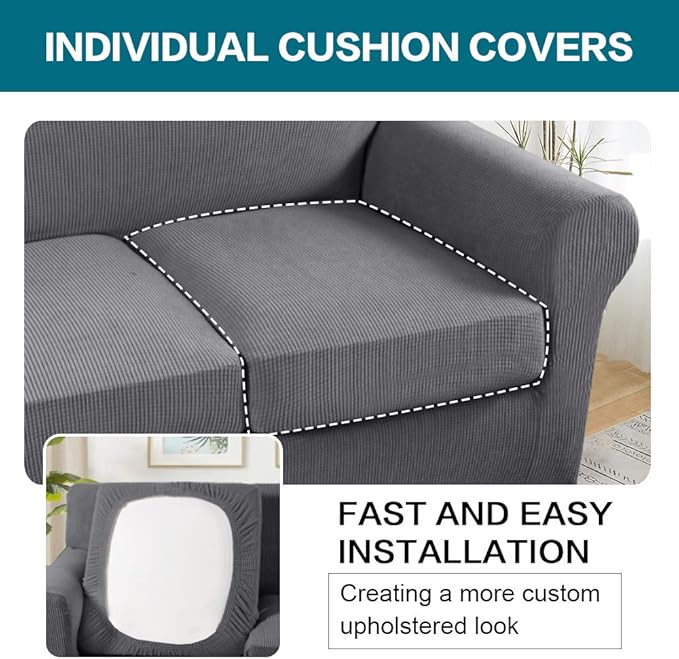 Turquoize 4 Piece Sofa Covers for 3 Cushion Couch Sofa Slipcover Soft Couch Cover for Dogs-Washable Sofa Furniture Covers with 3 Individual Cushion Covers, Jacquard Fabric (3 Cushion Sofa, Gray)