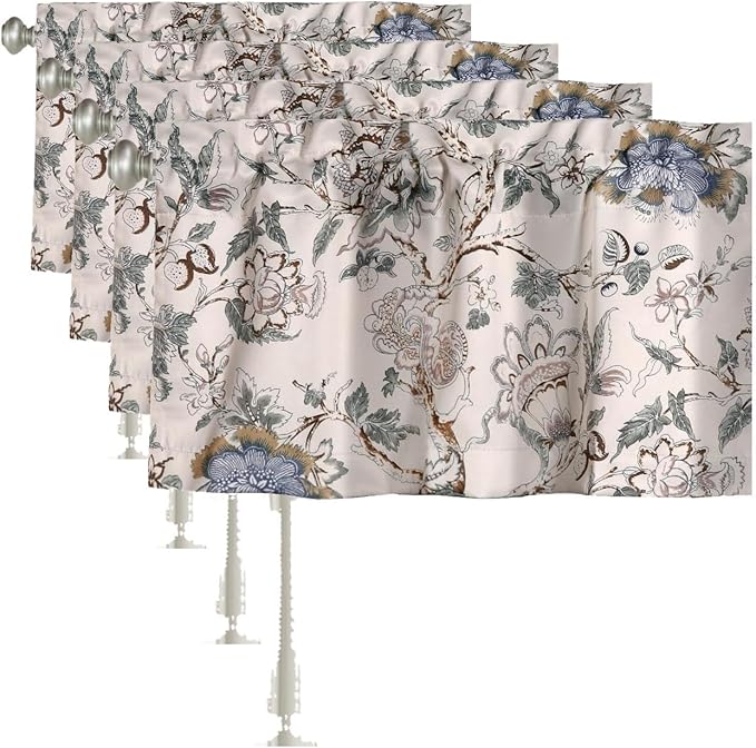 H.VERSAILTEX Blackout Curtain Valances for Kitchen Window/Living Room/Bathroom Privacy Added Rod Pocket Home Decoration Winow Valance, 52" W x 18" L, Floral in Sage and Brown (Pack of 4)