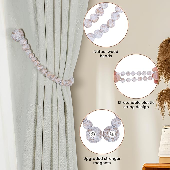 KLOGTSIND Magnetic Curtain Tiebacks, Curtain Tie Backs for Curtains 2 Pack, Wood Bead Curtain Tiebacks, Curtain Holders for Boho Bedroom Decor, Baby Nursery Decor, Farmhouse Decor