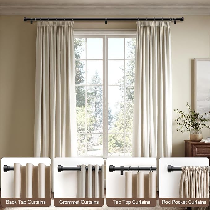 Lootkell Modern Matte Black Curtain Rods for Windows 16 to 60 Adjustable Length Heavy Duty 1" Diameter Window Curtain Rod with Solid Metal Finials for Outdoor Farmhouse Bedroom Kitchen Living Room