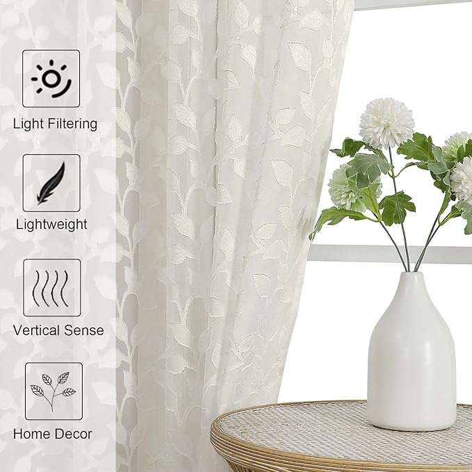Chyhomenyc Ivory Sheer Curtains 36 Inch Length, Light Filtering Leaf Tufted Textured Small Window Kitchen Curtain Over Sink, Short Half Window Curtains for Bathroom Basement, 30" Wx36 L, 2 Panels