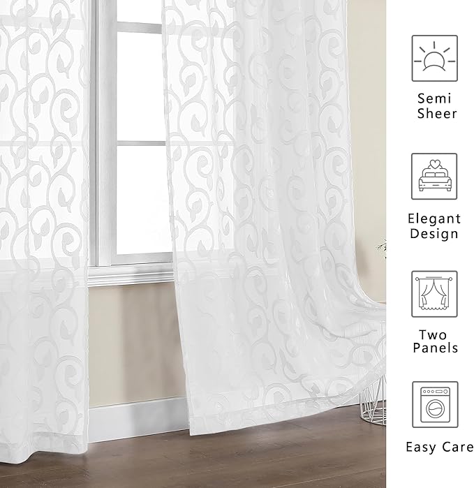 OWENIE Furman White Sheer Curtains 54 Inch Length 2 Panels Set for Living Room Bedroom, Airy Jacquard Clip Short Curtains for Small Window, Modern Rod Pocket Bathroom Window Curtain Each 42W inch 54L
