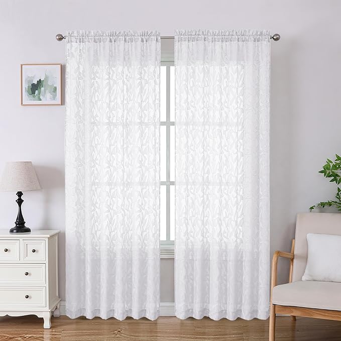 Lecloud Leia White Sheer Curtains 84 Inches Long 2 Panels, Airy Voile Jacquard Leaf Textured Curtains, Semi Sheer Farmhouse Rod Pockets Curtain Drapes for Bedroom Living Room, 52" W x 84" L