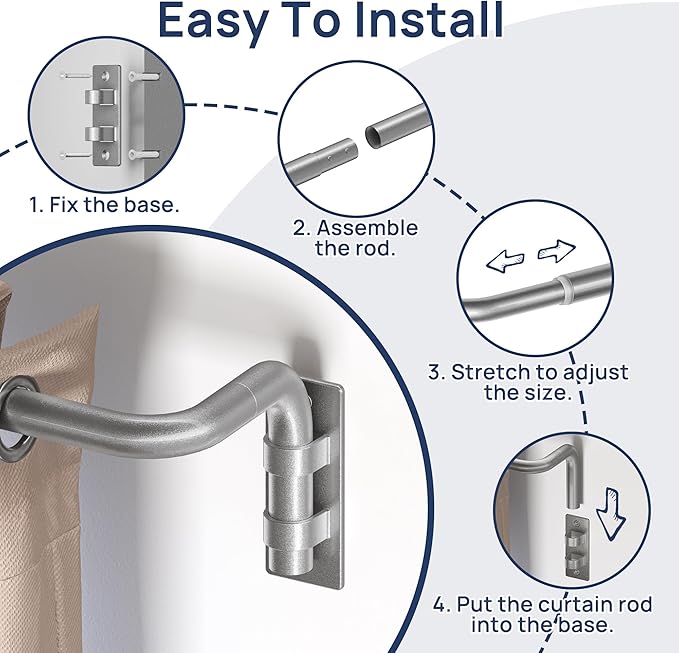 ENJOYBASICS Blackout Curtain rod for windows 48 to 84, Wrap Around Curtain Rods for Bedroom, Living Room, Adjustable from 30 to 86 Inches, Silver