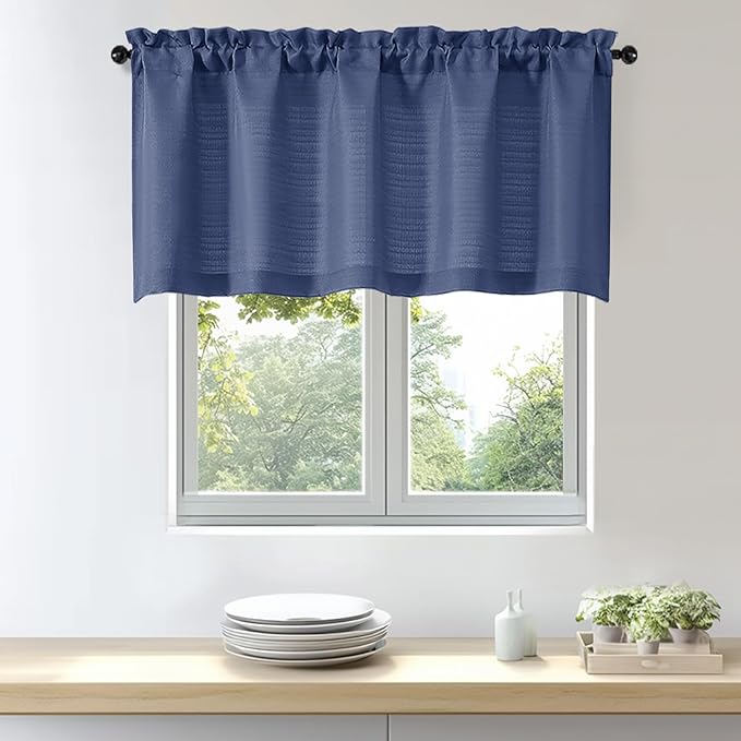 OWENIE Bob 1 PCS Blue Valances for Windows, Faux Linen Textured Kitchen Window Curtains Valance for Bedroom Living Room, Modern Soft Airy Solid Rod Pocket Bathroom Cafe Curtain, 60Wx24L Inch