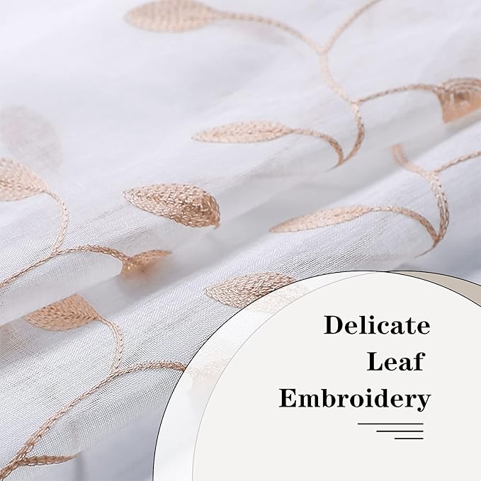 MRTREES Voile Sheer Curtain Valances, Leaves Embroidered Valance Curtains Rod Pocket, Small Sheer Window Curtain Treatment for Bedroom/Living Room/Kitchen/Basement(1 Panel, 54x16 Inches, Taupe Leaves)
