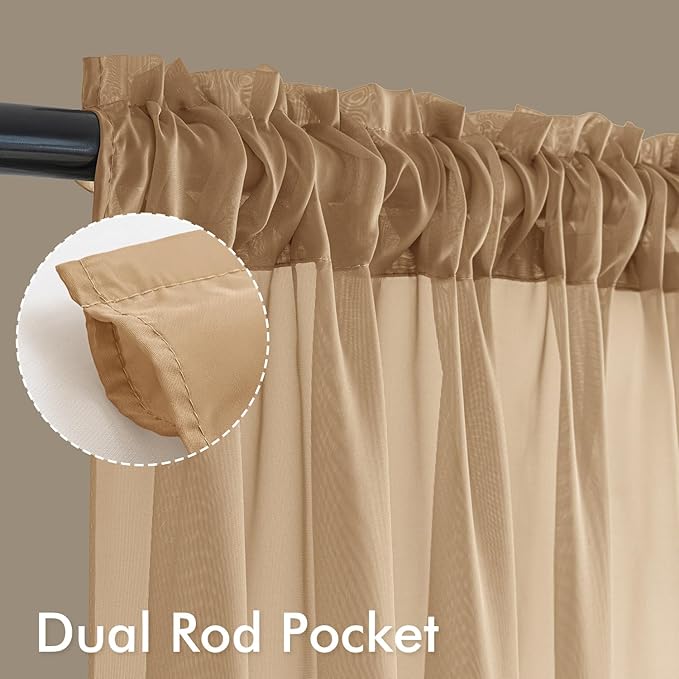 MIULEE Brown Sheer Curtains 108 Inches Long, 4 Panels Set, Rod Pocket Voile Drapes Light Filtering and Semi Transparent, Elegant Window Treatments for Bedroom Living Room,54 x 108 Inches
