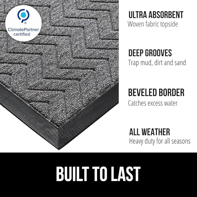 GORILLA GRIP 100% Waterproof All-Season WeatherMAX Doormat 35x23, US Designed Natural Rubber, Stain and Fade Resistant, Low Profile Indoor Outdoor Door Mats, Easy Clean Patio Mat, Steel Chevron