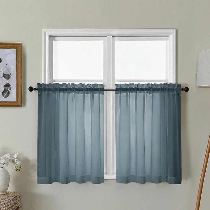 Gwine Short Kitchen Sheer Curtains 30 Inch Length - Light Filtering Voile Small Half Window Curtain for Basement, Rod Pocket Cafe Curtains for Bathroom Cabinet, 42Wx30L Inch, 2 Panels, Dusty Blue